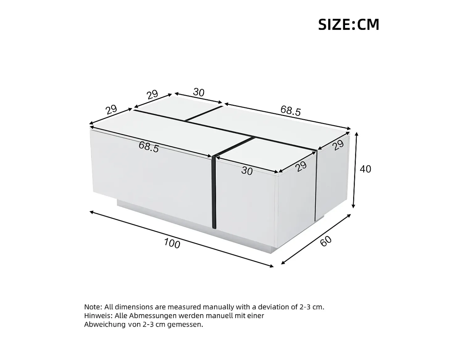 Mesa de centro retangular branca - Mesa de centro com 4 gavetas e tampo deslizante - para sala de estar^ Mesa De Centro