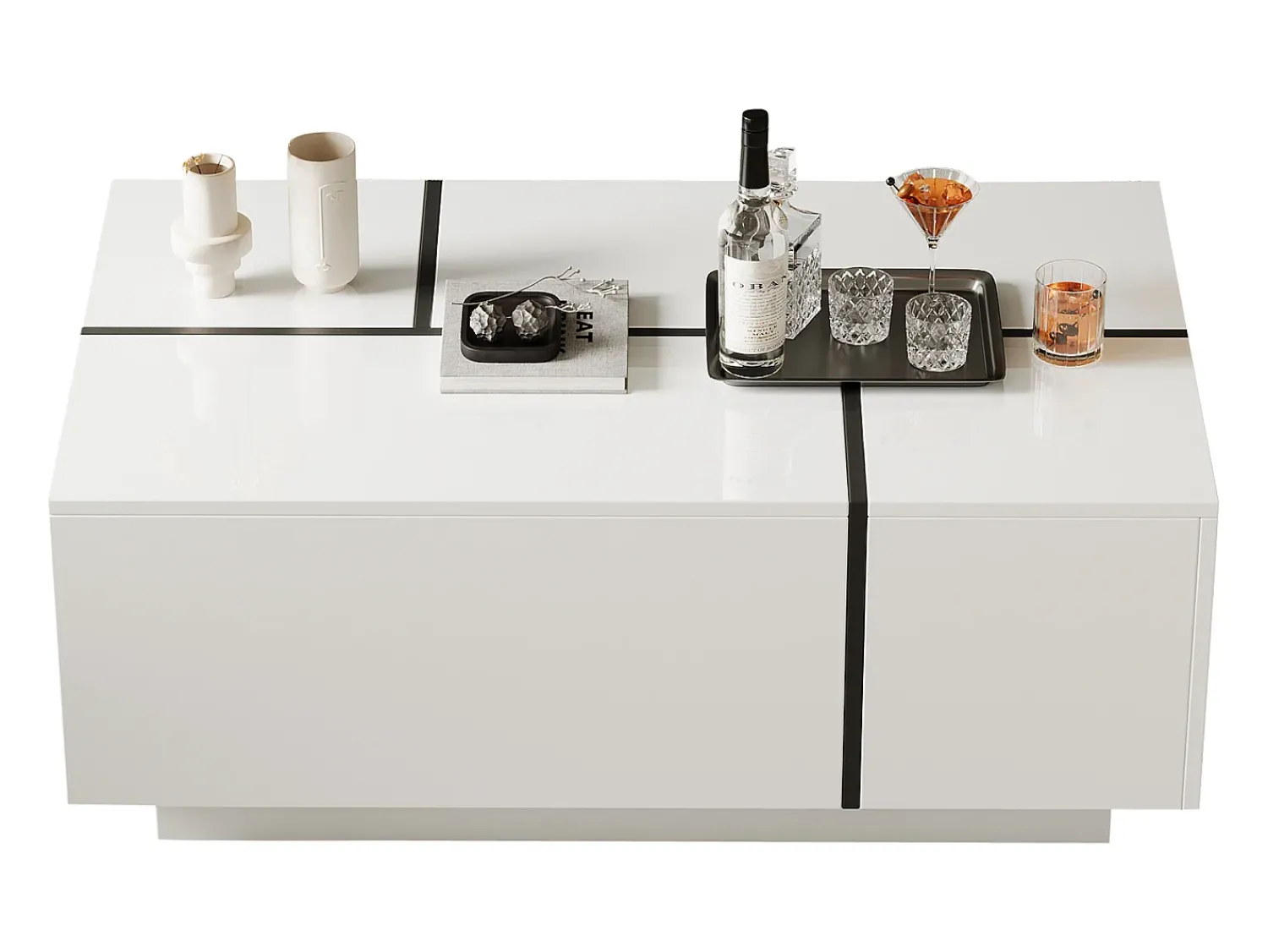 Mesa de centro retangular branca - Mesa de centro com 4 gavetas e tampo deslizante - para sala de estar^ Mesa De Centro