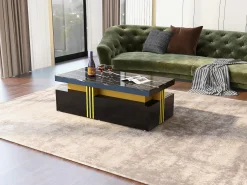 Discount Merax Mesa de centro retangular com 2 gavetas - 100x50x40 cm - aglomerado - tampo marmorizado, para sala - preta Preto