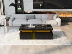 Discount Merax Mesa de centro retangular com 2 gavetas - 100x50x40 cm - aglomerado - tampo marmorizado, para sala - preta Preto