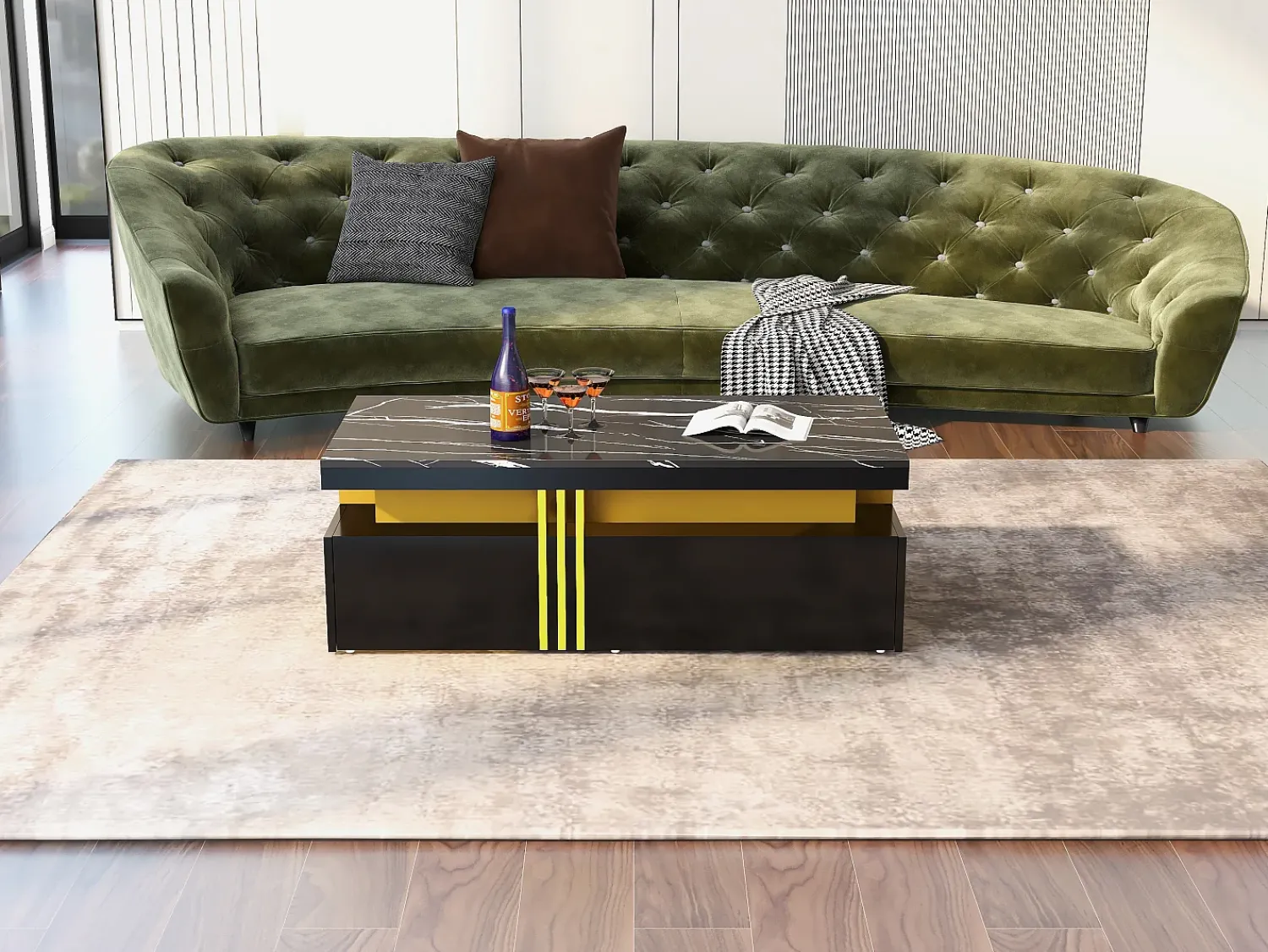 Discount Merax Mesa de centro retangular com 2 gavetas - 100x50x40 cm - aglomerado - tampo marmorizado, para sala - preta Preto