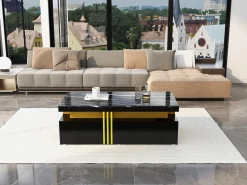 Discount Merax Mesa de centro retangular com 2 gavetas - 100x50x40 cm - aglomerado - tampo marmorizado, para sala - preta Preto