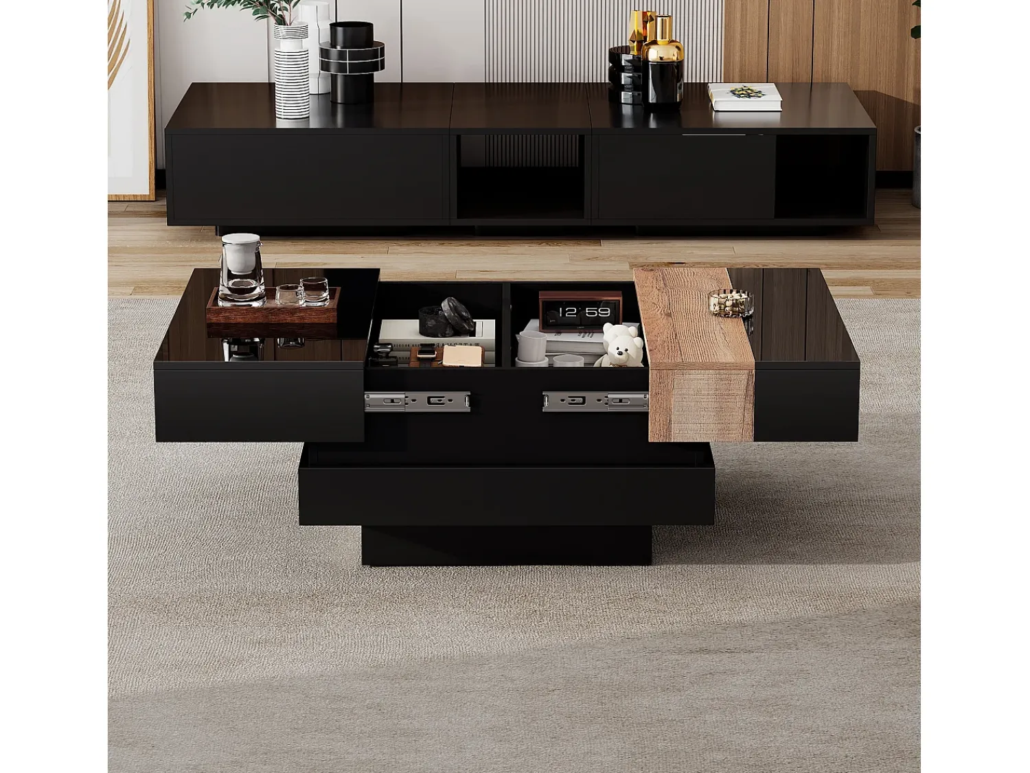 ModernLuxe Mesa de centro retrátil 70x70x39 cm - com espaço de armazenamento - Acabamento brilhante - MDF - ^ Mesa De Centro