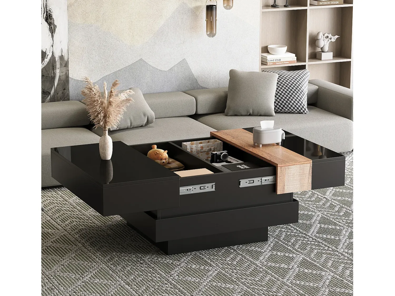 ModernLuxe Mesa de centro retrátil 70x70x39 cm - com espaço de armazenamento - Acabamento brilhante - MDF - ^ Mesa De Centro