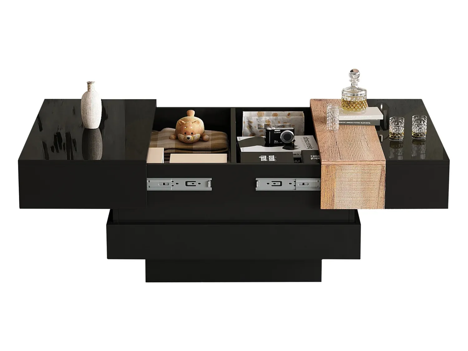 ModernLuxe Mesa de centro retrátil 70x70x39 cm - com espaço de armazenamento - Acabamento brilhante - MDF - ^ Mesa De Centro