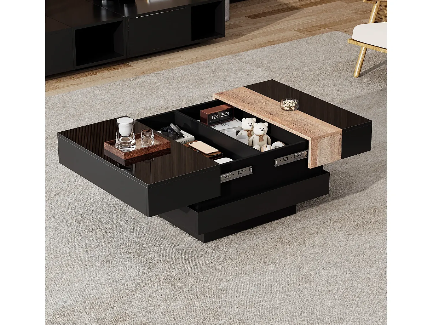 ModernLuxe Mesa de centro retrátil 70x70x39 cm - com espaço de armazenamento - Acabamento brilhante - MDF - ^ Mesa De Centro
