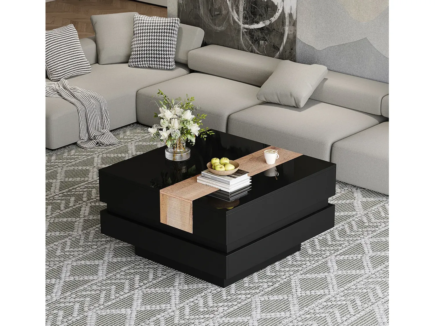 ModernLuxe Mesa de centro retrátil 70x70x39 cm - com espaço de armazenamento - Acabamento brilhante - MDF - ^ Mesa De Centro