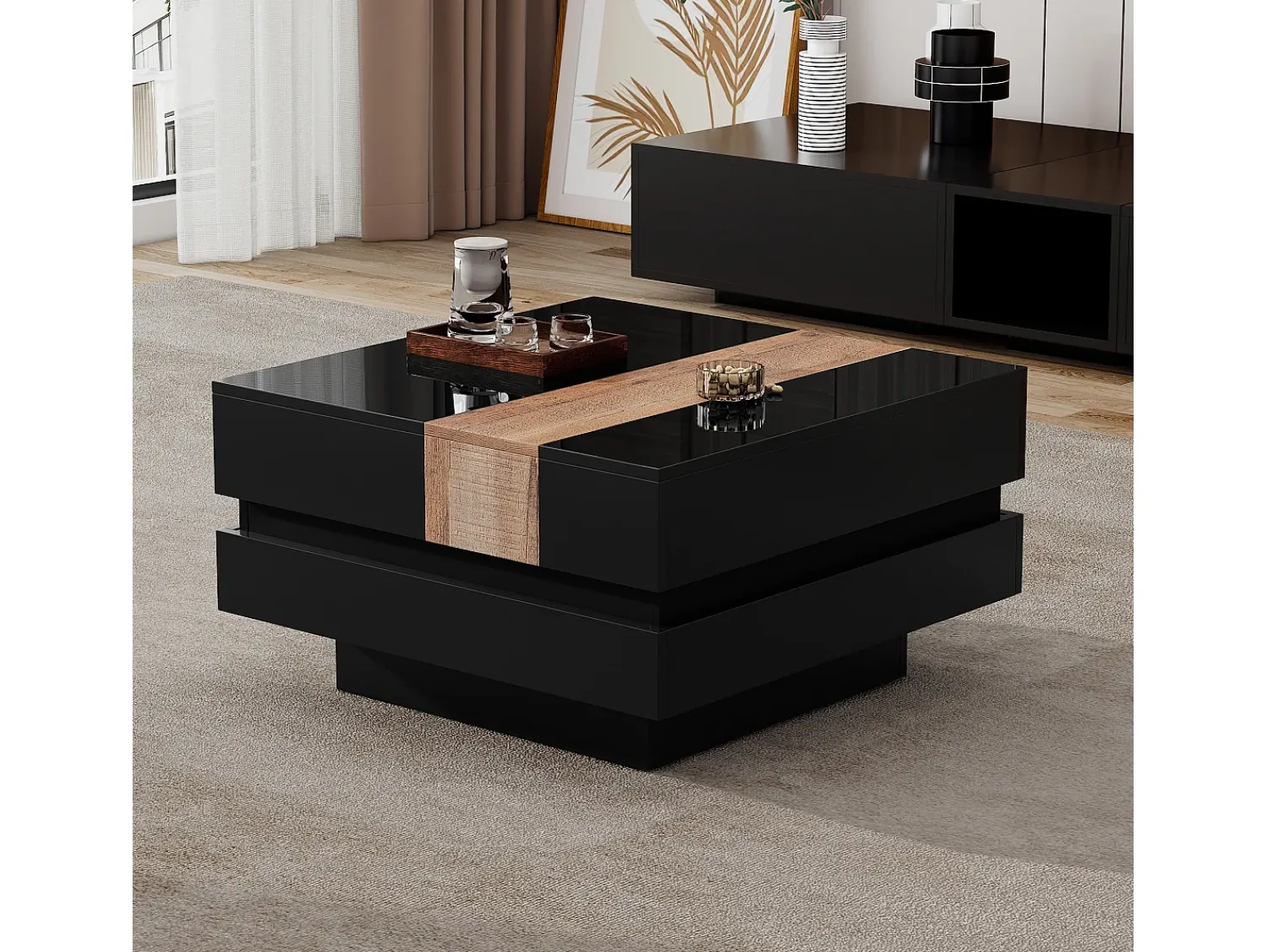 ModernLuxe Mesa de centro retrátil 70x70x39 cm - com espaço de armazenamento - Acabamento brilhante - MDF - ^ Mesa De Centro