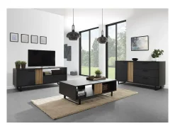 Mesa De Centro|Meublorama Mesa de centro robusta coleção LOFT Cor preta e carvalho. Pés em metal . Preto