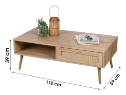 Online Meublorama Mesa de centro robusta cor carvalho claro. Pés em madeira bruta, dimensões 59x39x110cm. Castanho