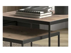 Mesa De Centro|Meublorama Mesa de centro RUBIK, mesa ninho com tampo de madeira maciça exótica de Mangolia, ideal para uma sala de estar contemporânea. Castanho