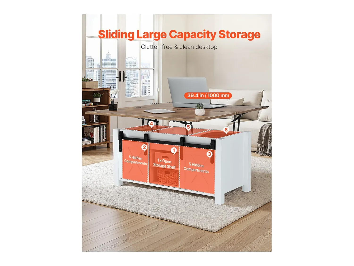 New Mesa de Centro SucceBuy com Tampo Elevatório Retangular, 100 x 50 x 48.5 cm, Mesa de Sala com Porta de Celeiro e Compartimento de Armazenamento Oculto Castanho