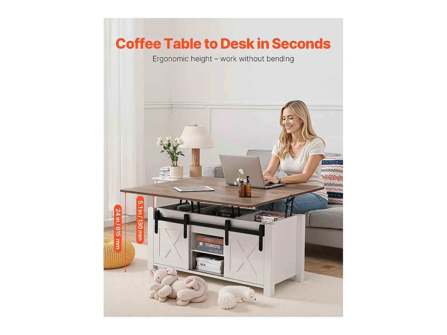 New Mesa de Centro SucceBuy com Tampo Elevatório Retangular, 100 x 50 x 48.5 cm, Mesa de Sala com Porta de Celeiro e Compartimento de Armazenamento Oculto Castanho