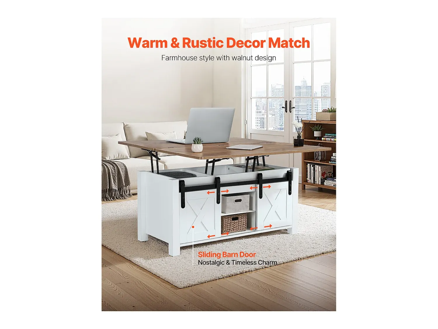 New Mesa de Centro SucceBuy com Tampo Elevatório Retangular, 100 x 50 x 48.5 cm, Mesa de Sala com Porta de Celeiro e Compartimento de Armazenamento Oculto Castanho