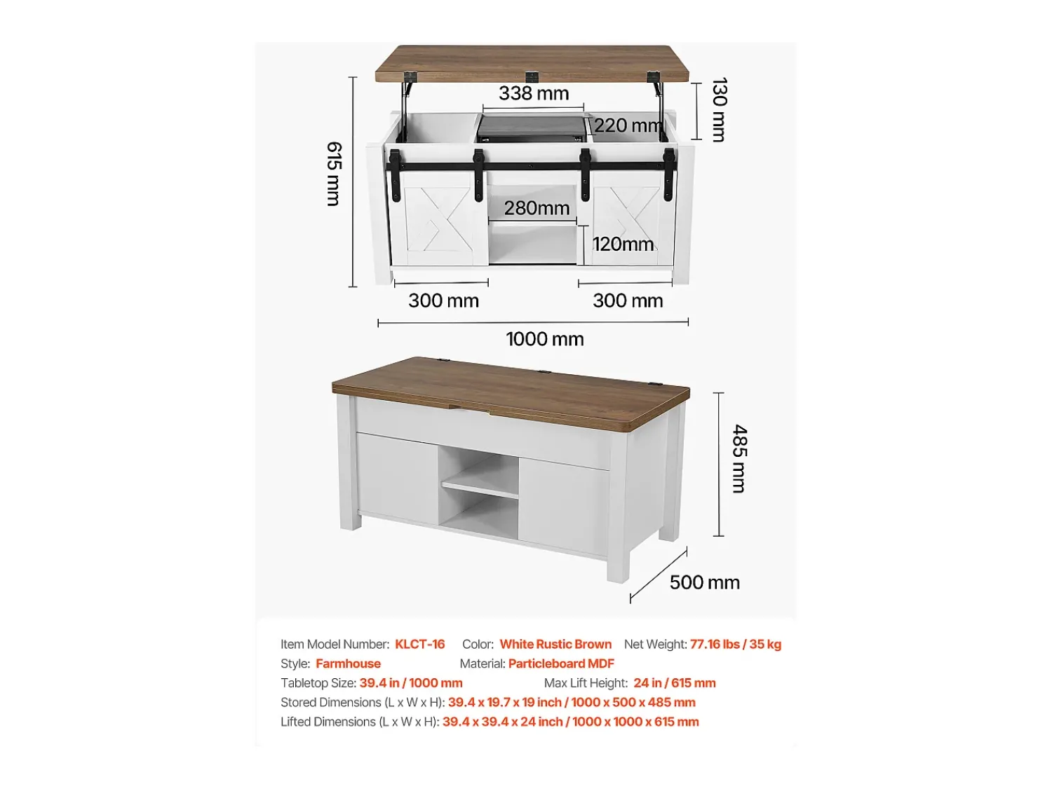 New Mesa de Centro SucceBuy com Tampo Elevatório Retangular, 100 x 50 x 48.5 cm, Mesa de Sala com Porta de Celeiro e Compartimento de Armazenamento Oculto Castanho