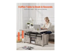 Mesa De Centro| Mesa de Centro SucceBuy com Tampo Elevatório Retangular, 100 x 50 x 48.5 cm, Mesa de Sala com Porta de Celeiro e Compartimento de Armazenamento Oculto Cinzento