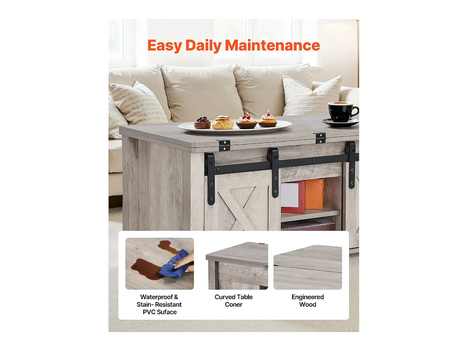 Mesa De Centro| Mesa de Centro SucceBuy com Tampo Elevatório Retangular, 100 x 50 x 48.5 cm, Mesa de Sala com Porta de Celeiro e Compartimento de Armazenamento Oculto Cinzento
