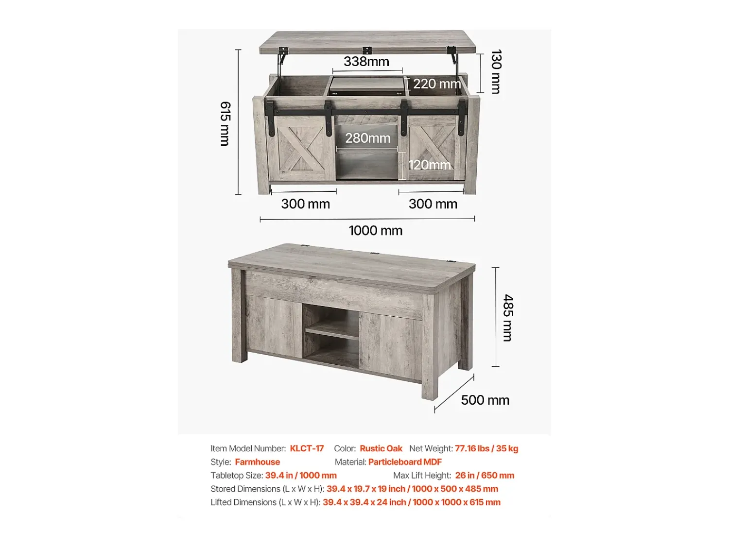 Mesa De Centro| Mesa de Centro SucceBuy com Tampo Elevatório Retangular, 100 x 50 x 48.5 cm, Mesa de Sala com Porta de Celeiro e Compartimento de Armazenamento Oculto Cinzento