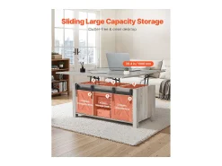 Mesa De Centro| Mesa de Centro SucceBuy com Tampo Elevatório Retangular, 100 x 50 x 48.5 cm, Mesa de Sala com Porta de Celeiro e Compartimento de Armazenamento Oculto Cinzento