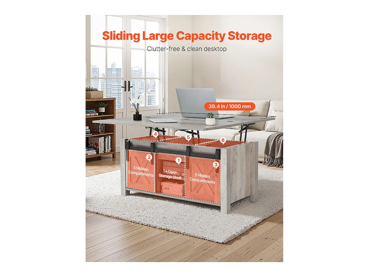 Mesa De Centro| Mesa de Centro SucceBuy com Tampo Elevatório Retangular, 100 x 50 x 48.5 cm, Mesa de Sala com Porta de Celeiro e Compartimento de Armazenamento Oculto Cinzento