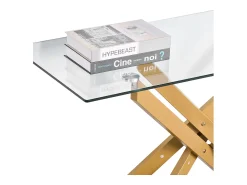 Outlet Mesa de Centro SucceBuy em Vidro Moderna, com Tampos de Vidro Temperado e Pernas Cruzadas de Metal, Equipada com Pés Ajustáveis Antiderrapantes, Ideal para Sala Dourado