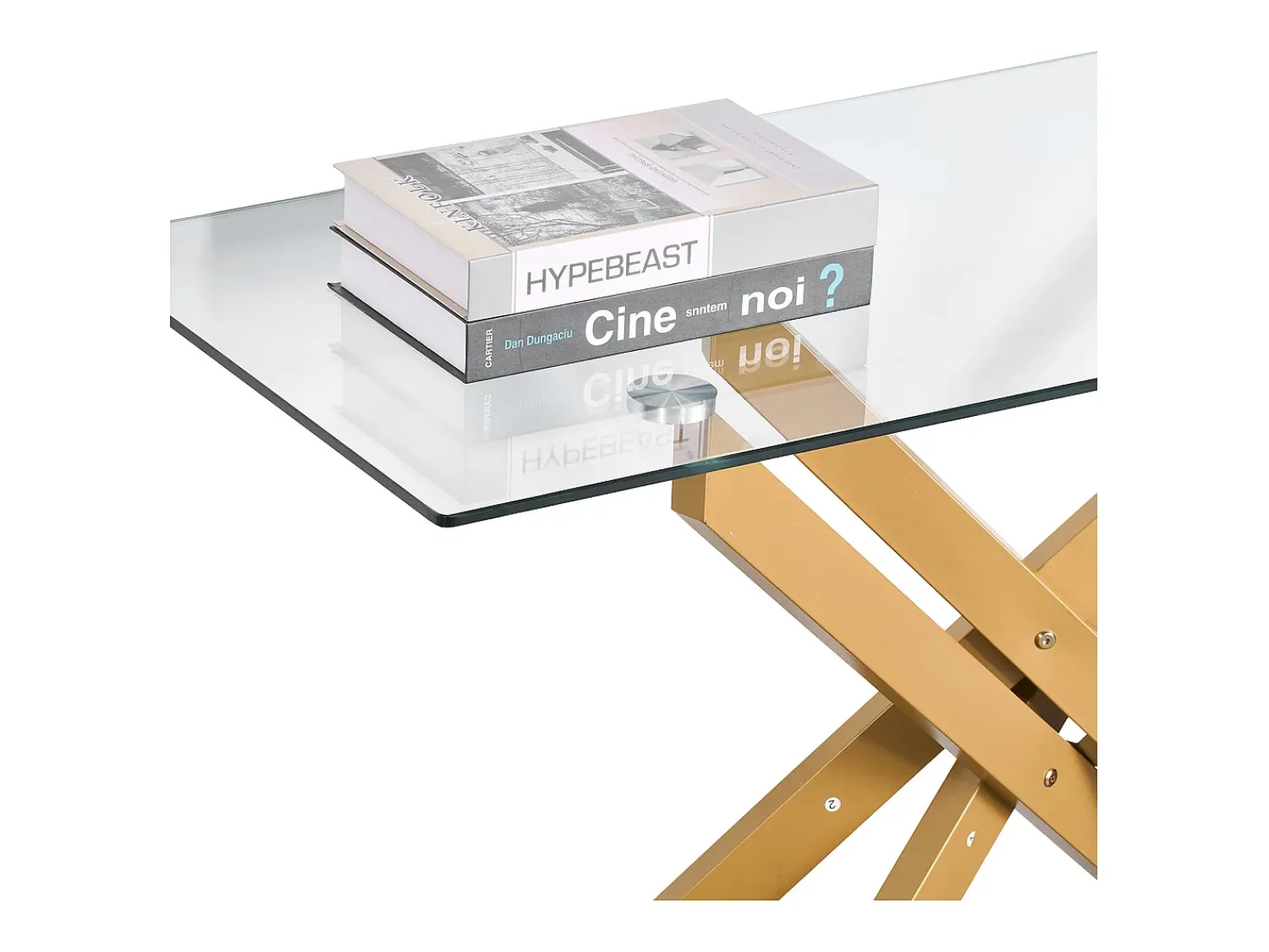 Outlet Mesa de Centro SucceBuy em Vidro Moderna, com Tampos de Vidro Temperado e Pernas Cruzadas de Metal, Equipada com Pés Ajustáveis Antiderrapantes, Ideal para Sala Dourado