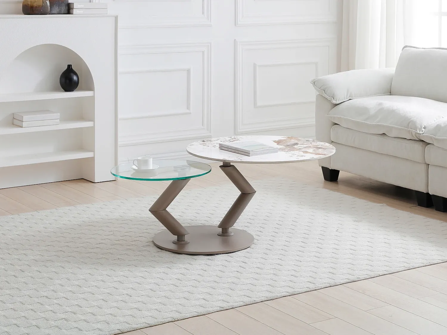 Discount Vente-unique Mesa de centro tampos giratórios cerâmica e vidro temperado efeito mármore branco - ELDOVA Transparente / Taupe / Branco