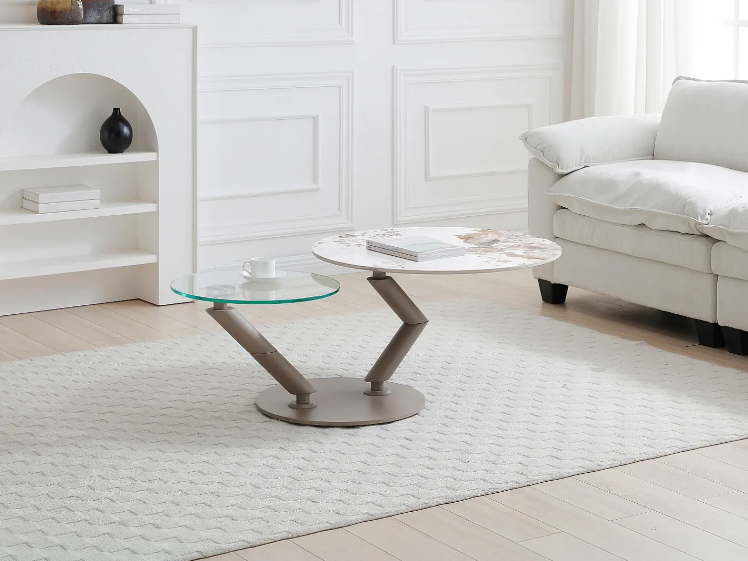 Discount Vente-unique Mesa de centro tampos giratórios cerâmica e vidro temperado efeito mármore branco - ELDOVA Transparente / Taupe / Branco