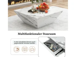 Online Mesa de centro trapézio brilhante, com tampo em aspeto de mármore, 2 gavetas, mesa de sala, 70 x 70 x 37 cm - Branco