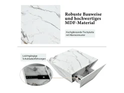 Online Mesa de centro trapézio brilhante, com tampo em aspeto de mármore, 2 gavetas, mesa de sala, 70 x 70 x 37 cm - Branco