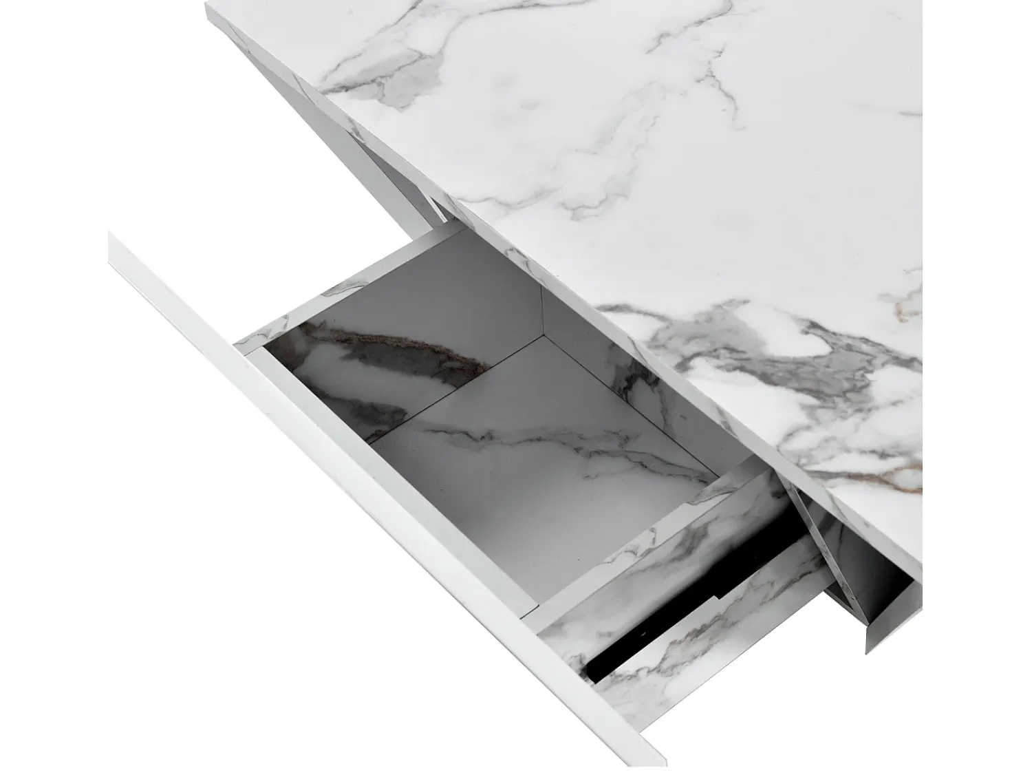 Online Mesa de centro trapézio brilhante, com tampo em aspeto de mármore, 2 gavetas, mesa de sala, 70 x 70 x 37 cm - Branco