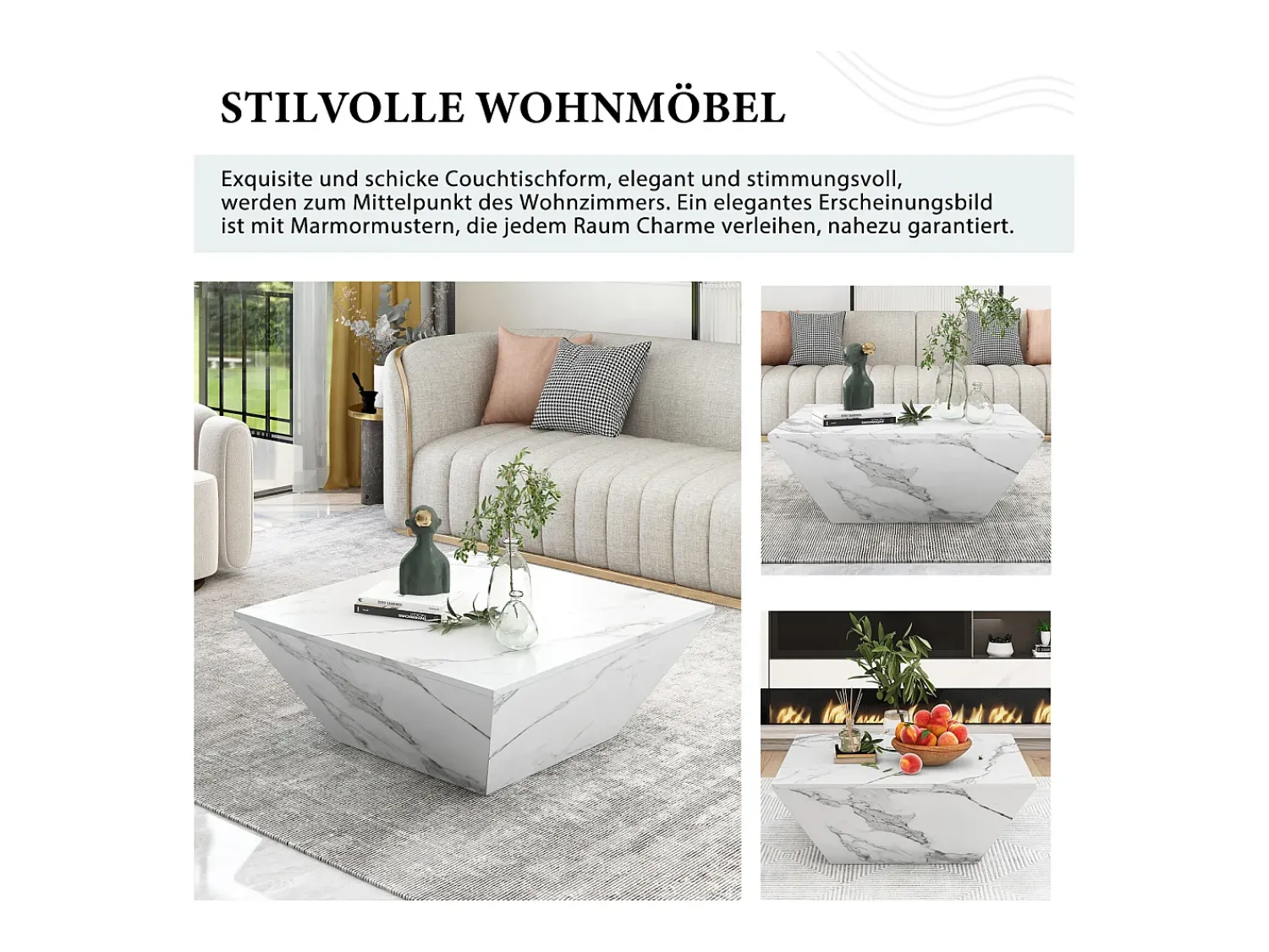 Online Mesa de centro trapézio brilhante, com tampo em aspeto de mármore, 2 gavetas, mesa de sala, 70 x 70 x 37 cm - Branco