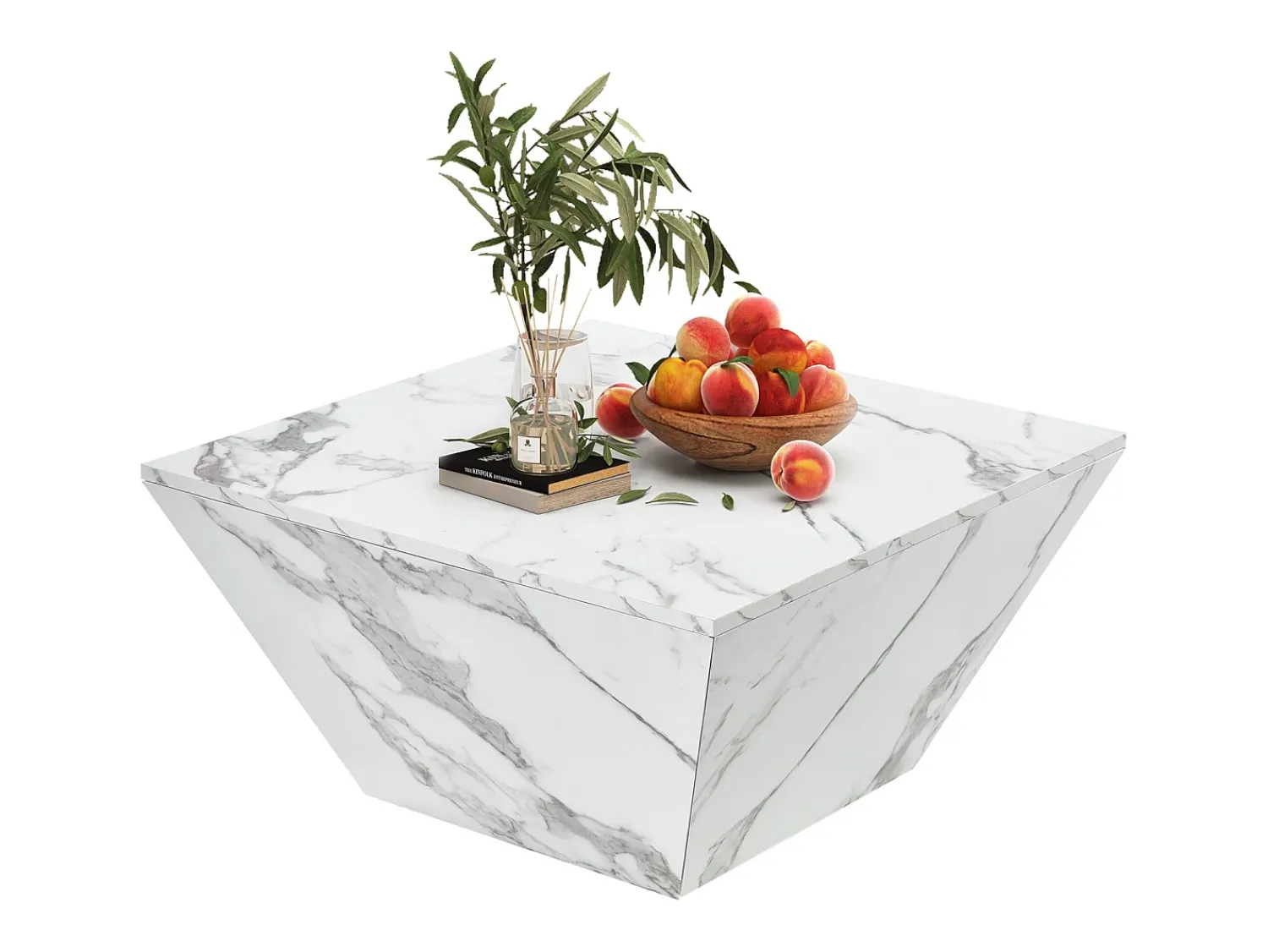 Online Mesa de centro trapézio brilhante, com tampo em aspeto de mármore, 2 gavetas, mesa de sala, 70 x 70 x 37 cm - Branco