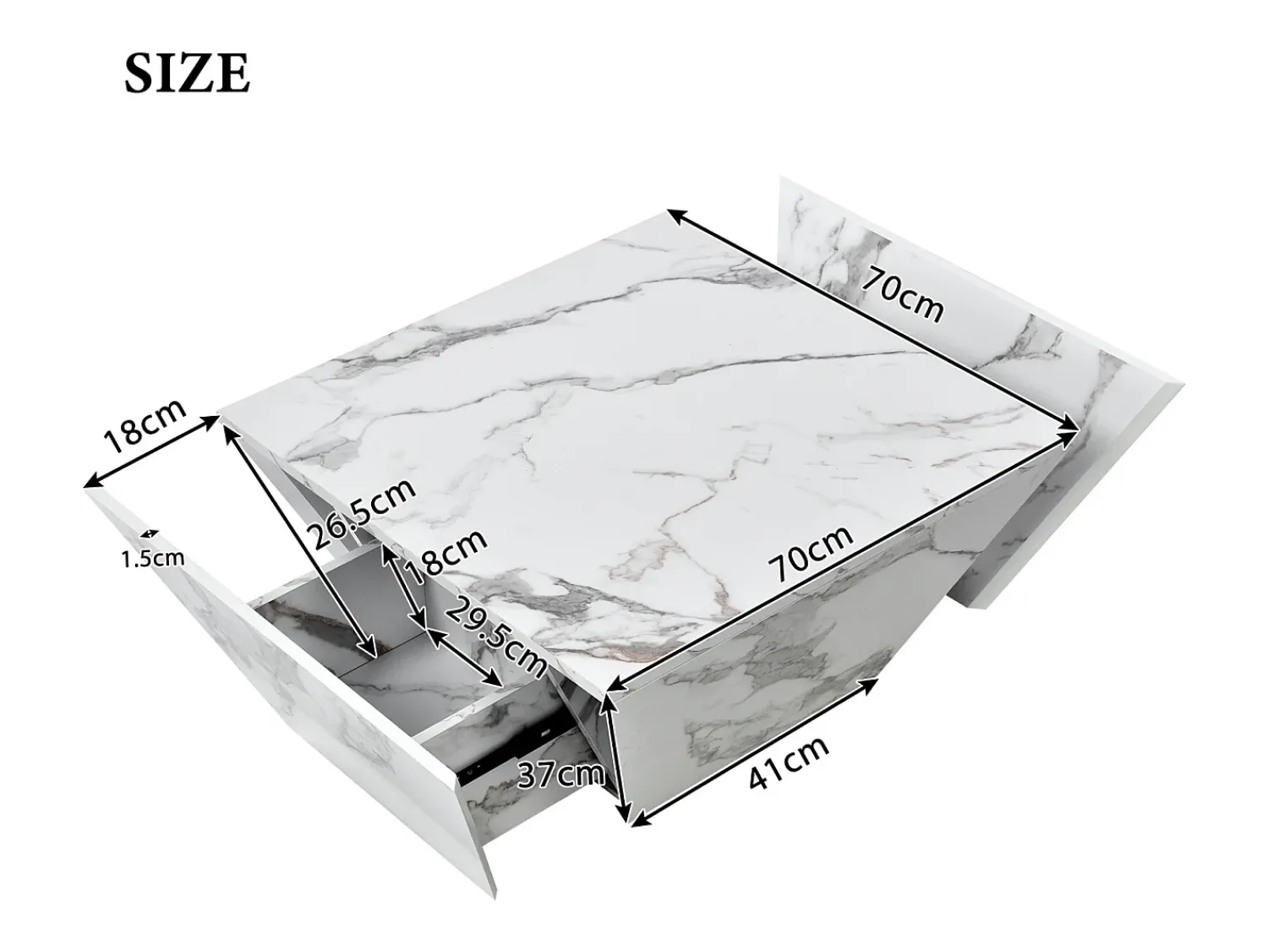 Online Mesa de centro trapézio brilhante, com tampo em aspeto de mármore, 2 gavetas, mesa de sala, 70 x 70 x 37 cm - Branco