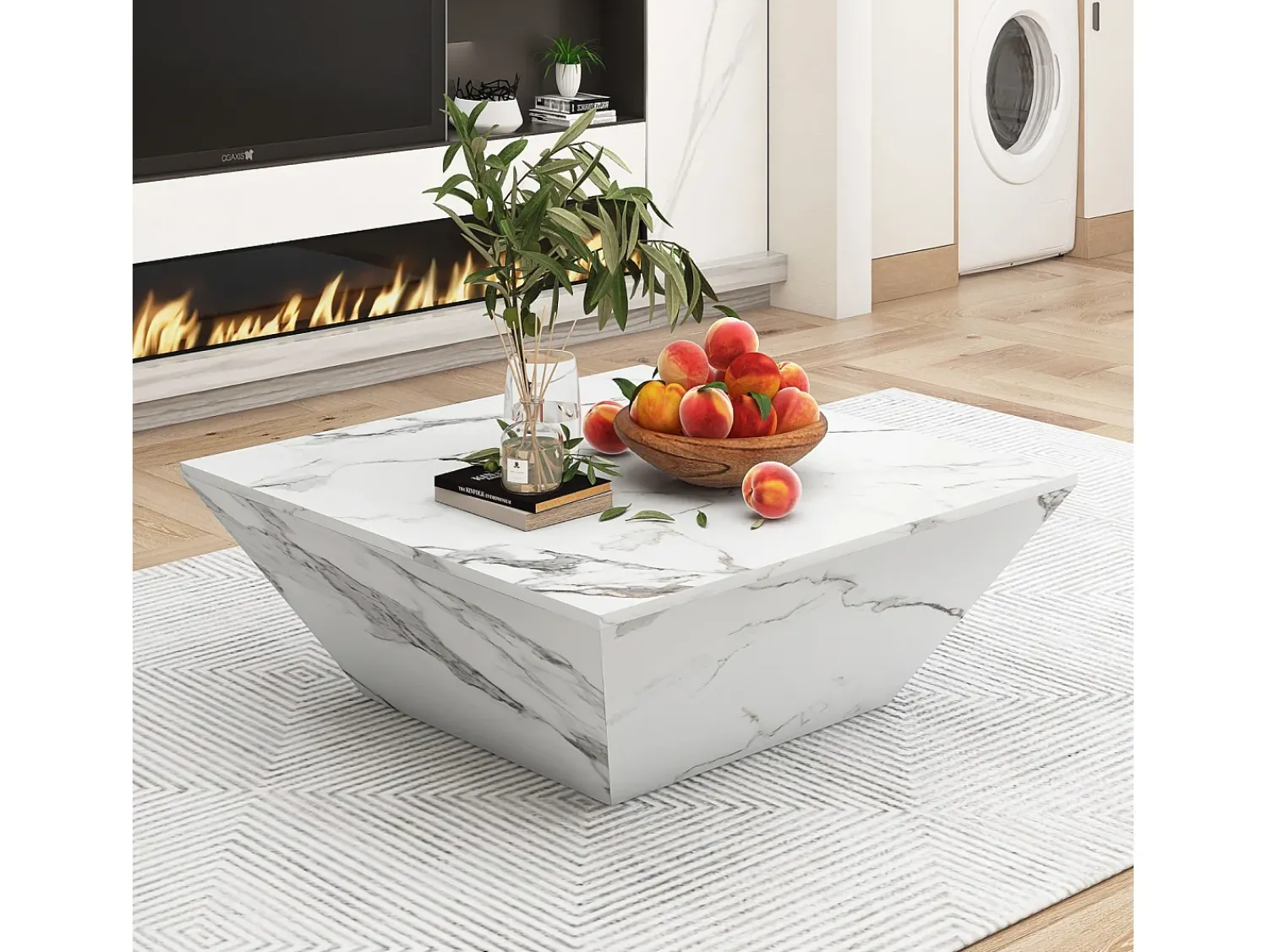 Online Mesa de centro trapézio brilhante, com tampo em aspeto de mármore, 2 gavetas, mesa de sala, 70 x 70 x 37 cm - Branco