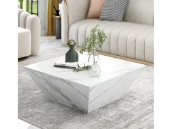 Online Mesa de centro trapézio brilhante, com tampo em aspeto de mármore, 2 gavetas, mesa de sala, 70 x 70 x 37 cm - Branco