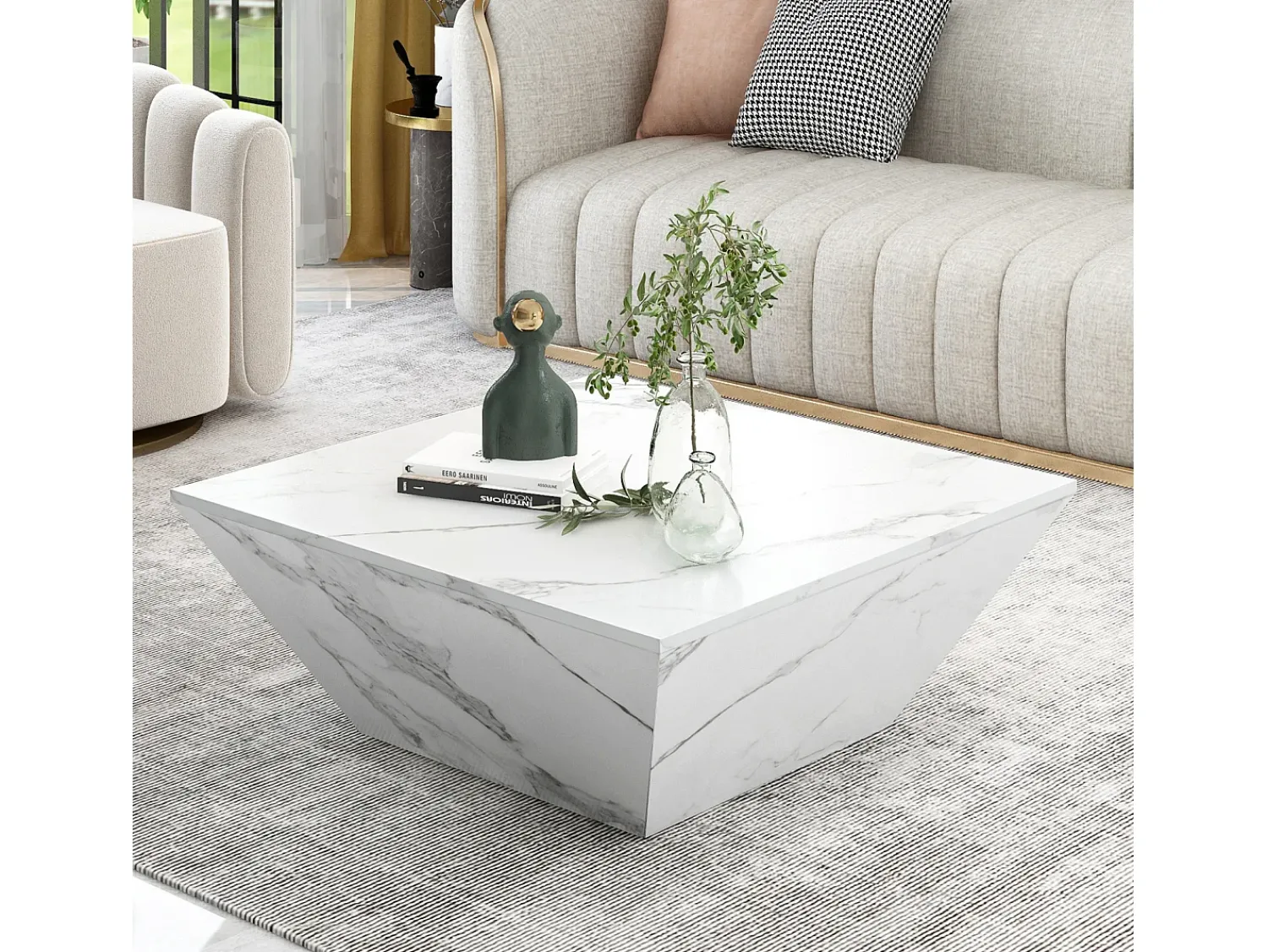 Online Mesa de centro trapézio brilhante, com tampo em aspeto de mármore, 2 gavetas, mesa de sala, 70 x 70 x 37 cm - Branco