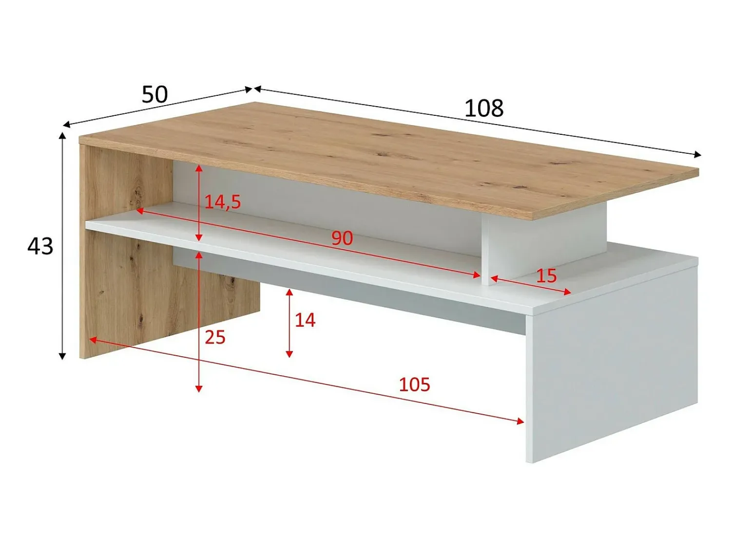 Dmora Mesa de centro Vail, Mesa de centro da sala, Mesa de centro, Mesa baixa, 100x50h43 cm, Carvalho atado e Branco Brilhante^ Mesa De Centro