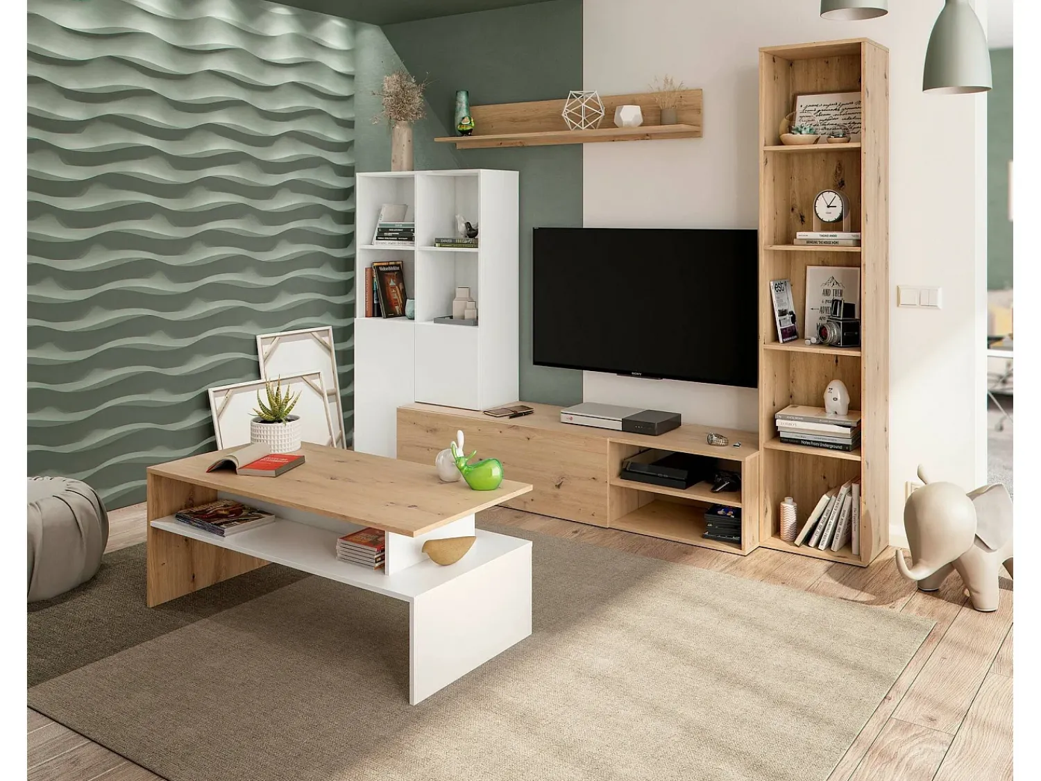 Dmora Mesa de centro Vail, Mesa de centro da sala, Mesa de centro, Mesa baixa, 100x50h43 cm, Carvalho atado e Branco Brilhante^ Mesa De Centro