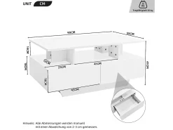 Clearance Hauss Spole Mesa de centro 90x55 cm com LED, gaveta e prateleira, superfície lacada a Branco