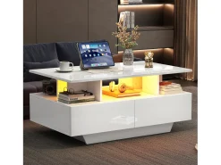 Clearance Hauss Spole Mesa de centro 90x55 cm com LED, gaveta e prateleira, superfície lacada a Branco