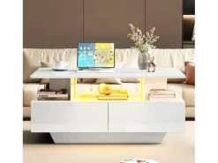 Clearance Hauss Spole Mesa de centro 90x55 cm com LED, gaveta e prateleira, superfície lacada a Branco