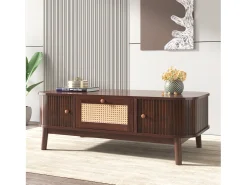 Mesa De Centro*Hauss Spole Mesa de centro 110x55cm em folheado de nogueira com rattan, amplo espaço de armazenamento, Natural escuro