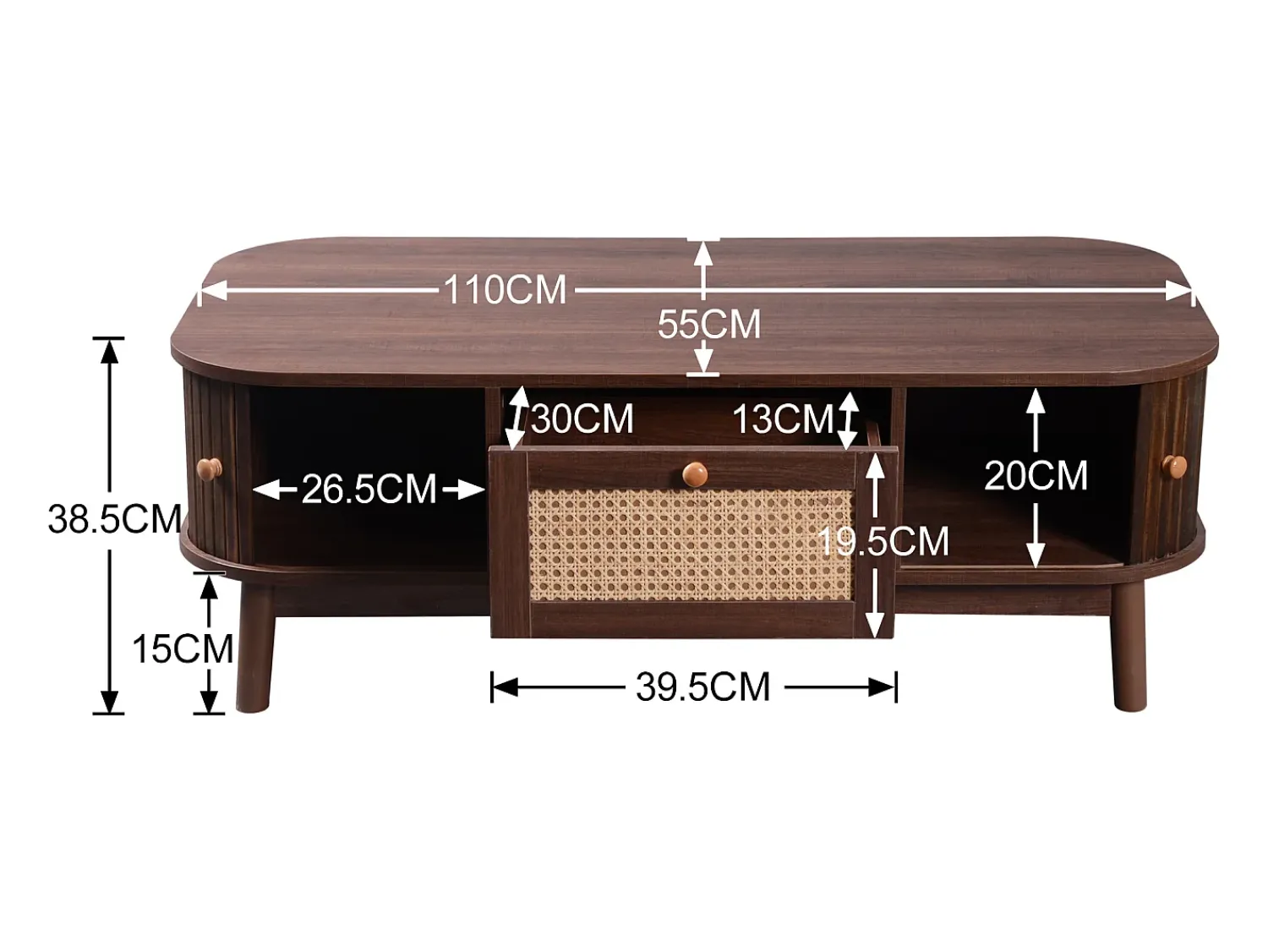 Mesa De Centro*Hauss Spole Mesa de centro 110x55cm em folheado de nogueira com rattan, amplo espaço de armazenamento, Natural escuro