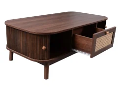 Mesa De Centro*Hauss Spole Mesa de centro 110x55cm em folheado de nogueira com rattan, amplo espaço de armazenamento, Natural escuro