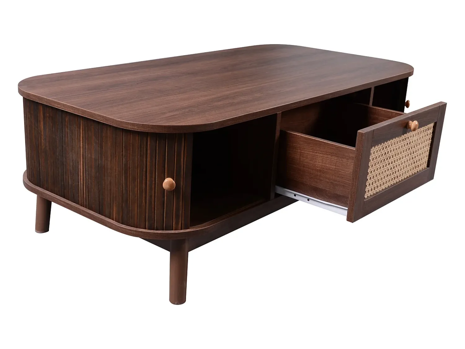 Mesa De Centro*Hauss Spole Mesa de centro 110x55cm em folheado de nogueira com rattan, amplo espaço de armazenamento, Natural escuro