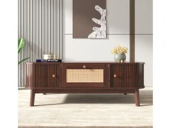 Mesa De Centro*Hauss Spole Mesa de centro 110x55cm em folheado de nogueira com rattan, amplo espaço de armazenamento, Natural escuro