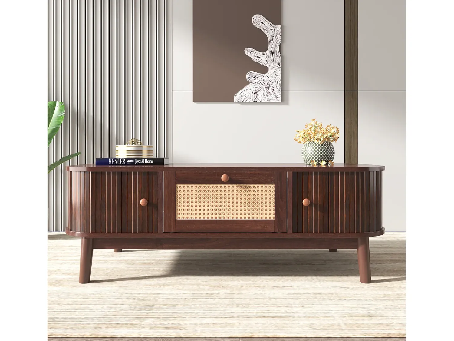 Mesa De Centro*Hauss Spole Mesa de centro 110x55cm em folheado de nogueira com rattan, amplo espaço de armazenamento, Natural escuro