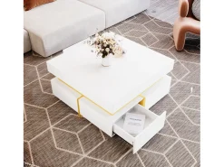 Mesa De Centro* Mesa de centro 70x70cmx35,5, mesa quadrada alto brilho com gavetas e detalhes dourados, branca Branco