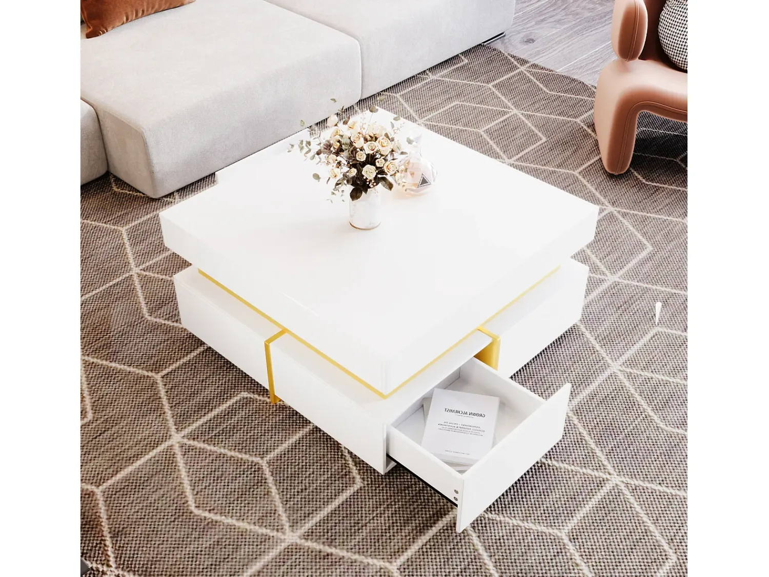 Mesa De Centro* Mesa de centro 70x70cmx35,5, mesa quadrada alto brilho com gavetas e detalhes dourados, branca Branco